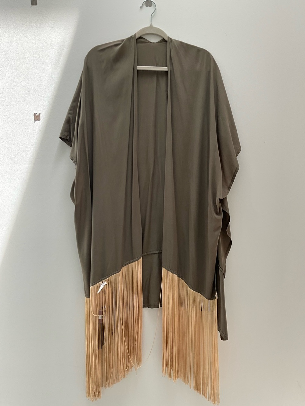 Fringe-Trim Olive Draped Kimono Cape